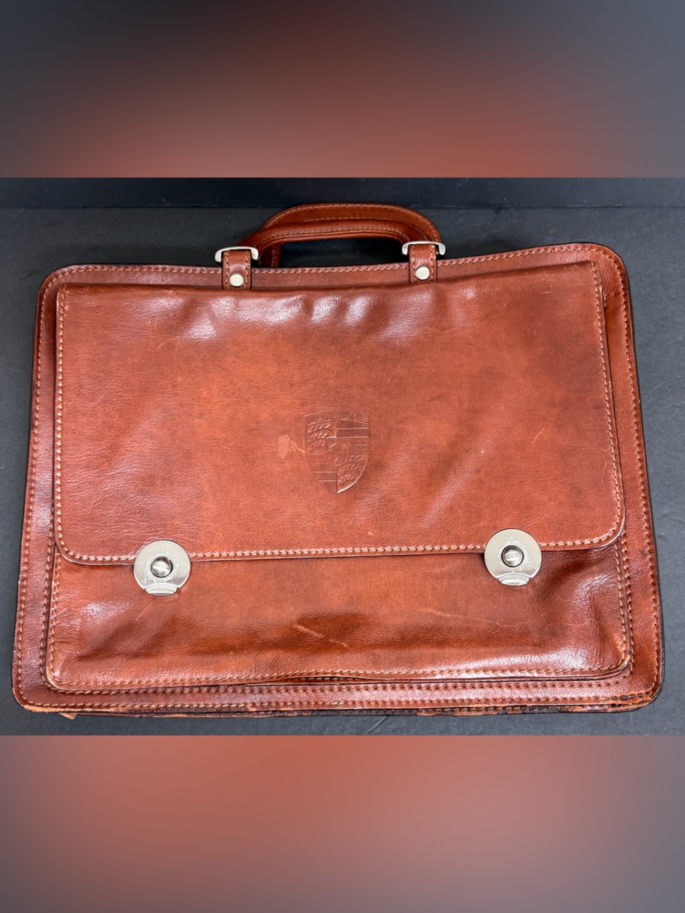 Vintage Porsche Briefcase Messenger Bag Tan Leather 16" MADE IN BRAZIL RARE